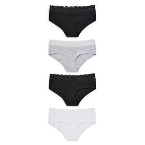 Monochrome Lace Trim Cotton Blend Knickers 4 Pack