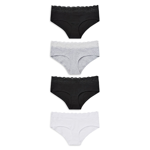 Monochrome Lace Trim Cotton Blend Knickers 4 Pack