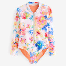 Load image into Gallery viewer, White Floral Long Sleeved Swimsuit
