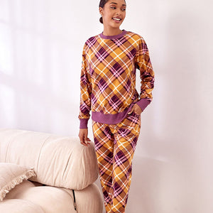 Ochre Yellow Check Cosy Long Sleeve Crew Neck Pyjamas