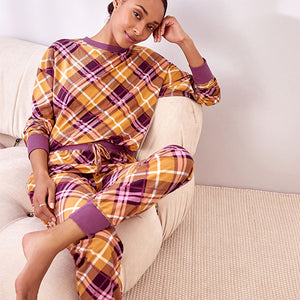 Ochre Yellow Check Cosy Long Sleeve Crew Neck Pyjamas