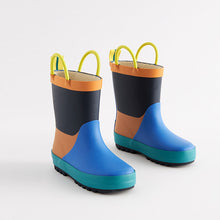 Load image into Gallery viewer, Blue/Orange Colourblock Handle Pull-On Wellies

