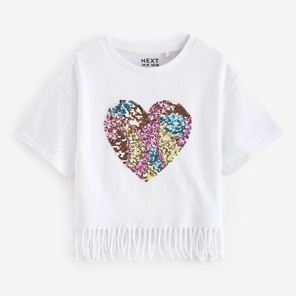 Ecru White 100% Cotton Sequin Heart T-Shirt (3-12yrs)