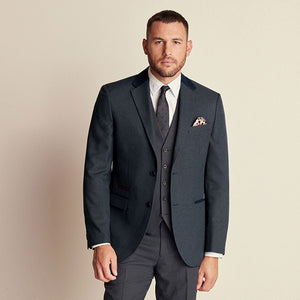 Navy Blue Regular Fit Trimmed Textured Suit Jacket