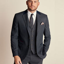 Load image into Gallery viewer, Navy Blue Regular Fit Trimmed Textured Suit Jacket
