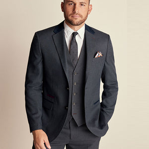 Navy Blue Regular Fit Trimmed Textured Suit Jacket