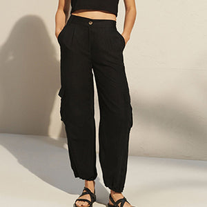 Black Linen Blend Cargo Trousers