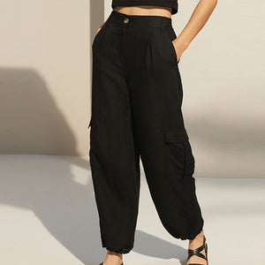 Black Linen Blend Cargo Trousers