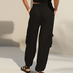 Black Linen Blend Cargo Trousers