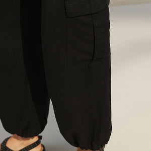 Black Linen Blend Cargo Trousers