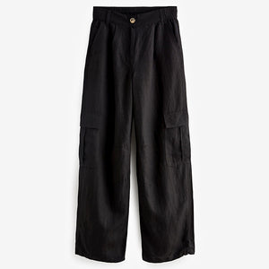 Black Linen Blend Cargo Trousers