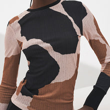 Load image into Gallery viewer, Black/Brown Cow Print Long Sleeve Textured Top
