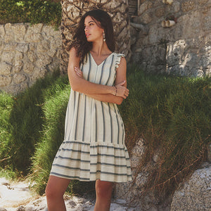 White/Blue Stripe Ruffle Sleeve V-Neck Linen Blend Summer Dress