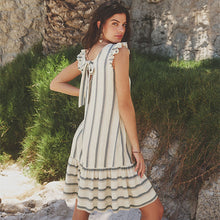 Load image into Gallery viewer, White/Blue Stripe Ruffle Sleeve V-Neck Linen Blend Summer Dress
