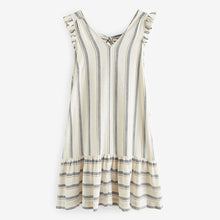 Load image into Gallery viewer, White/Blue Stripe Ruffle Sleeve V-Neck Linen Blend Summer Dress
