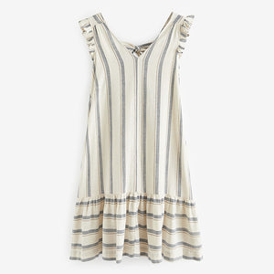 White/Blue Stripe Ruffle Sleeve V-Neck Linen Blend Summer Dress