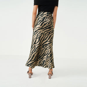 Zebra Animal Print Satin Midi Skirt