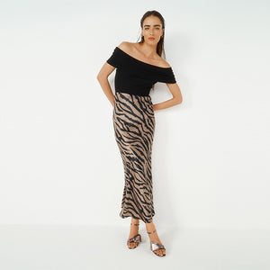 Zebra Animal Print Satin Midi Skirt