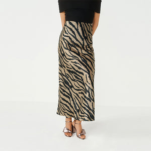 Zebra Animal Print Satin Midi Skirt
