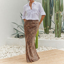 Load image into Gallery viewer, Black/Brown Leopard Animal Print Satin Midi Skirt
