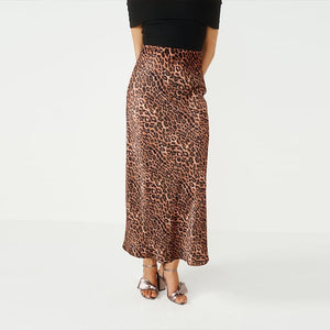 Black/Brown Leopard Animal Print Satin Midi Skirt