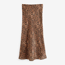 Load image into Gallery viewer, Black/Brown Leopard Animal Print Satin Midi Skirt
