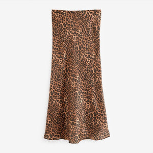 Black/Brown Leopard Animal Print Satin Midi Skirt