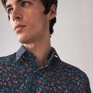 Navy/Blue Regular Fit 100% Cotton Printed Short Sleeve Shirt
