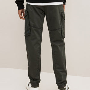 Dark Khaki Green Slim Fit Zip Detail Stretch Cargo Trousers