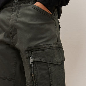 Dark Khaki Green Slim Fit Zip Detail Stretch Cargo Trousers