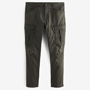 Dark Khaki Green Slim Fit Zip Detail Stretch Cargo Trousers