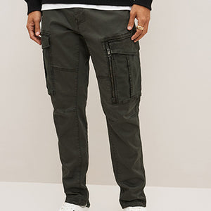 Dark Khaki Green Slim Fit Zip Detail Stretch Cargo Trousers