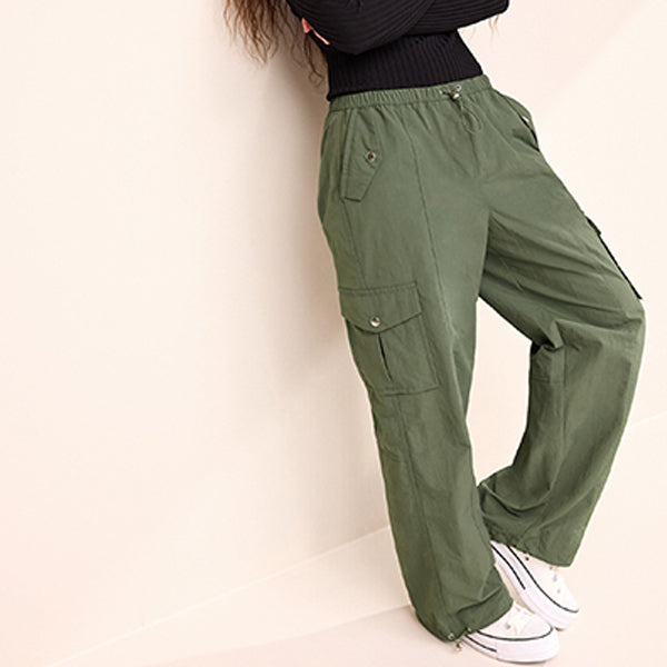 Khaki Green Parachute Pull On Cargo Trousers