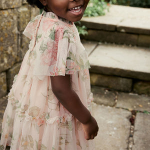 Cream Floral Tiered Mesh Dress (3mths-5-6yrs)