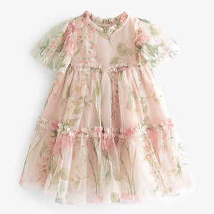 Cream Floral Tiered Mesh Dress (3mths-5-6yrs)