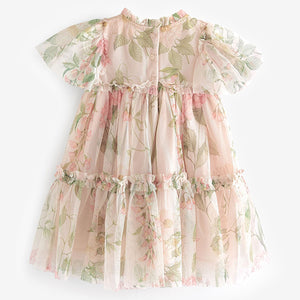 Cream Floral Tiered Mesh Dress (3mths-5-6yrs)