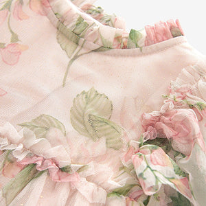 Cream Floral Tiered Mesh Dress (3mths-5-6yrs)