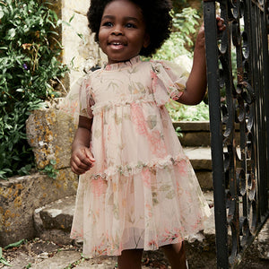 Cream Floral Tiered Mesh Dress (3mths-5-6yrs)