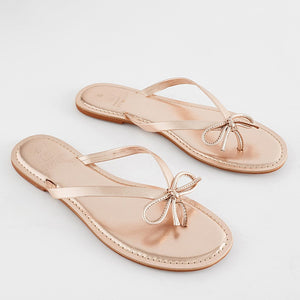 Rose Gold Regular/Wide Fit Forever Comfort® Bow Detail Leather Flip Flops