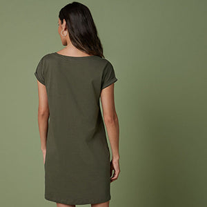 Khaki Green 100% Cotton Relaxed Capped Sleeve Tunic Dress