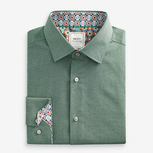 Dark Green Regular Fit Textured Trimmed Single Cuff Shirt