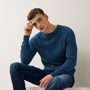 Mid Blue Crew Neck Textured Knitted Jumper