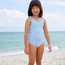 Load image into Gallery viewer, Blue/White Stripe Frill Sleeve Swimsuit (3mths-8yrs)
