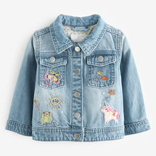 Load image into Gallery viewer, Mid Blue 100% Cotton Denim Embroidered Unicorn Jacket (3mths-5-6yrs)
