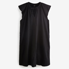 Load image into Gallery viewer, Black Linen Blend Tie Neck Mini Summer Dress
