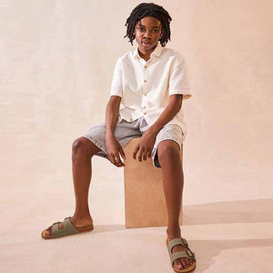 Ecru White 100% Cotton Short Sleeve Textured Shirt
