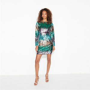 Aqua Blue Long Sleeve Sequin Mini Dress