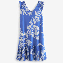 Load image into Gallery viewer, Blue/White Ruffle Sleeve V-Neck Linen Blend Summer Dress
