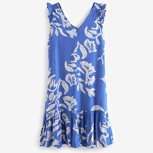 Blue/White Ruffle Sleeve V-Neck Linen Blend Summer Dress