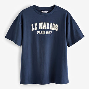 Navy Blue Le Marais Paris City Graphic Short Sleeve Crew Neck Top